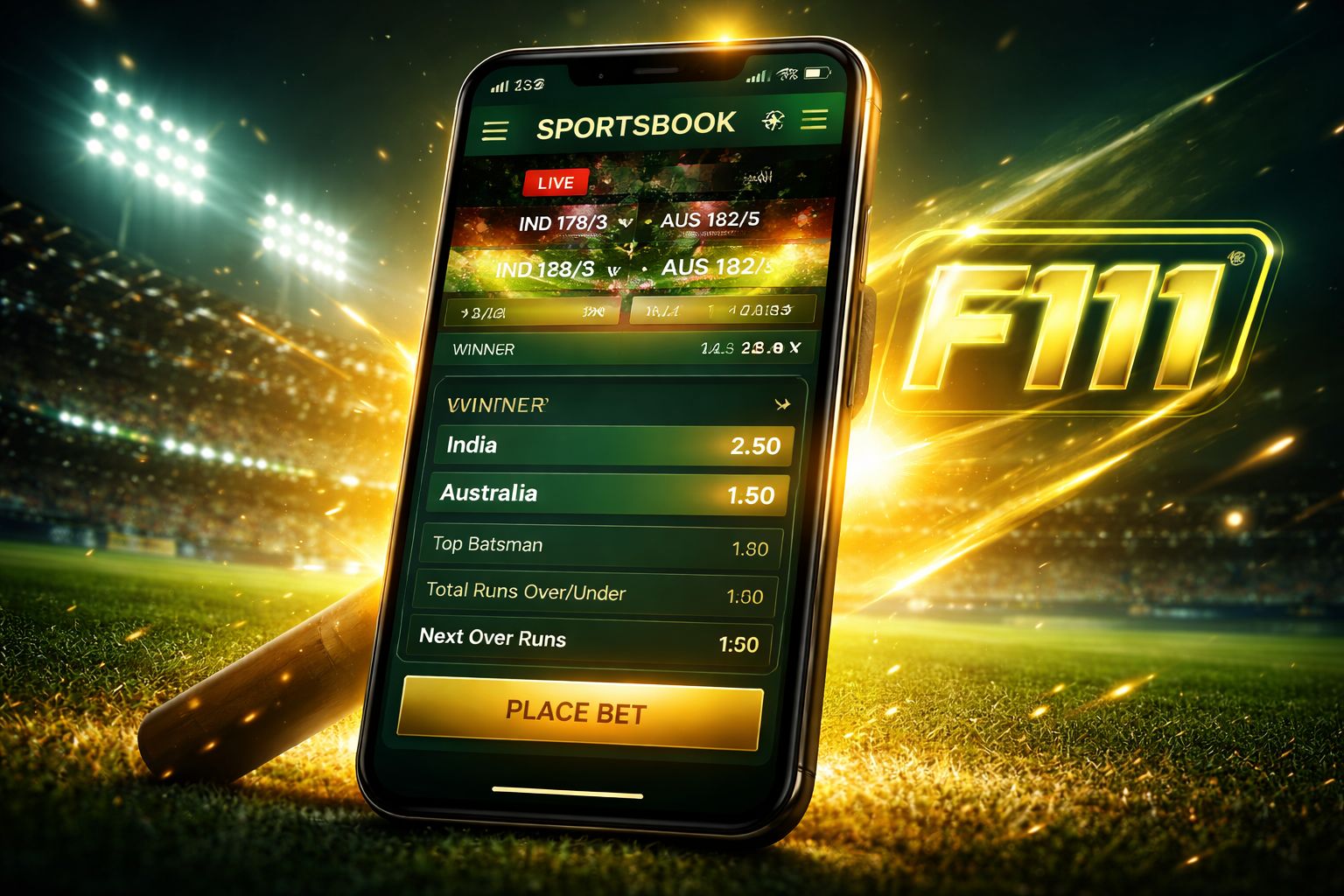 F111 sportsbook mobile view with live cricket odds and bet slip