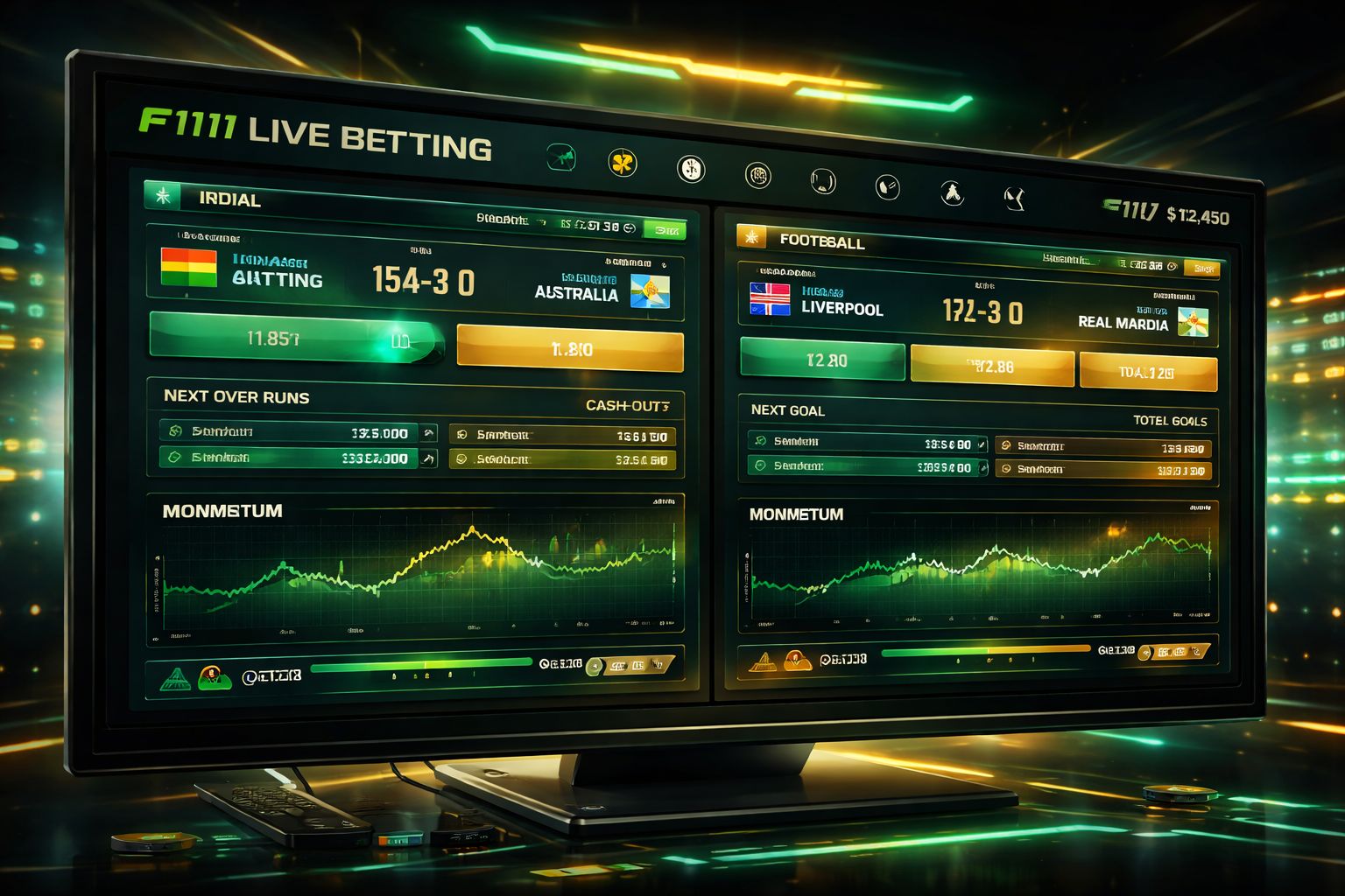 F111 live in-play cricket dashboard with running odds and match stats