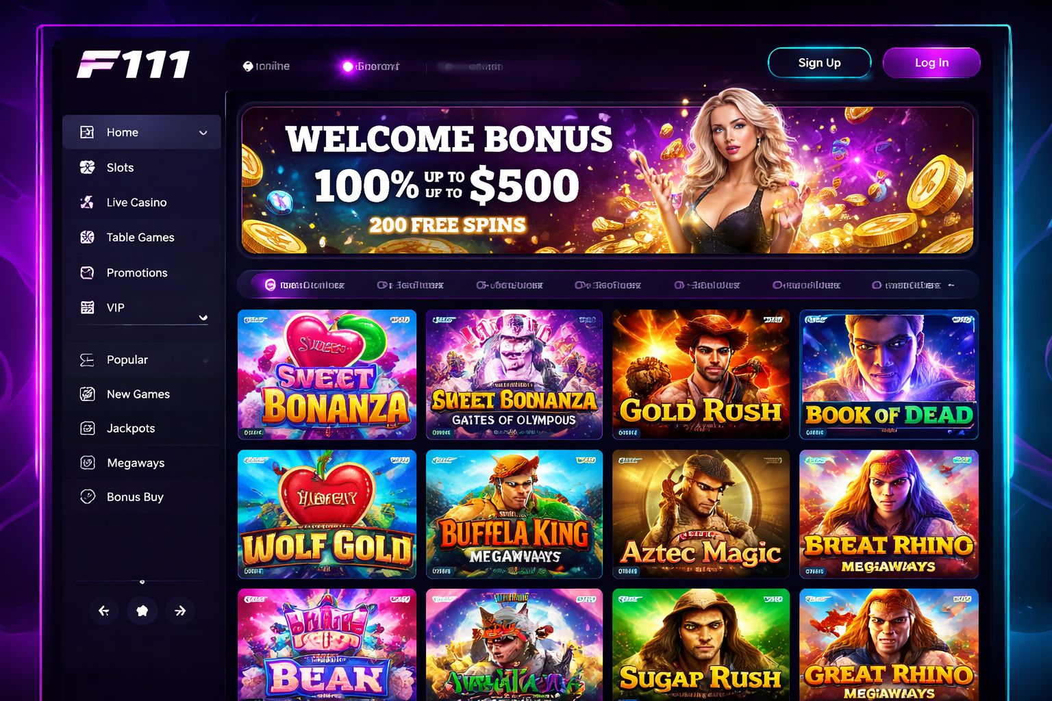 F111 Slot Library Interface with Featured Games